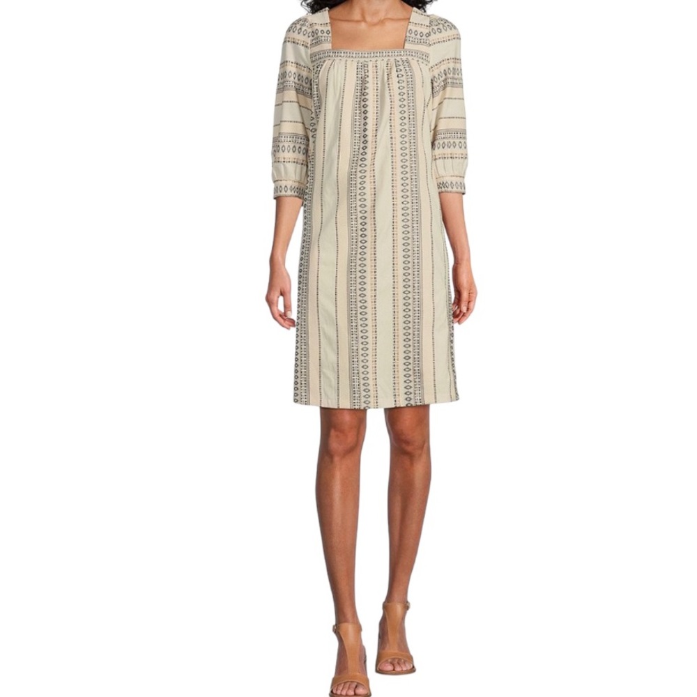 Reba, Square Neck, Jacquard Cream Stripe Print ,¾ Sleeve, Midi Dress XL